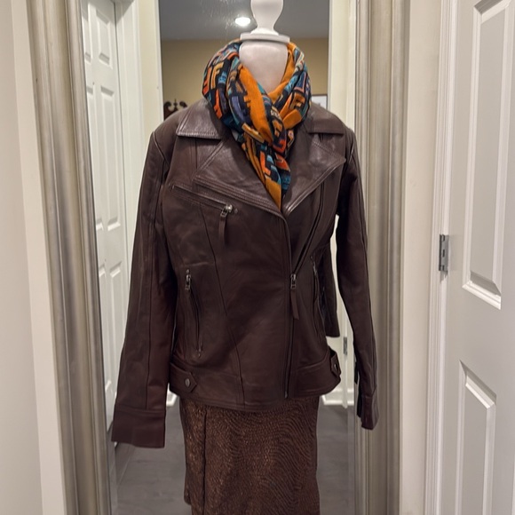 Lambskin woman Brown Leather Moto Jacket size M - Picture 4 of 16